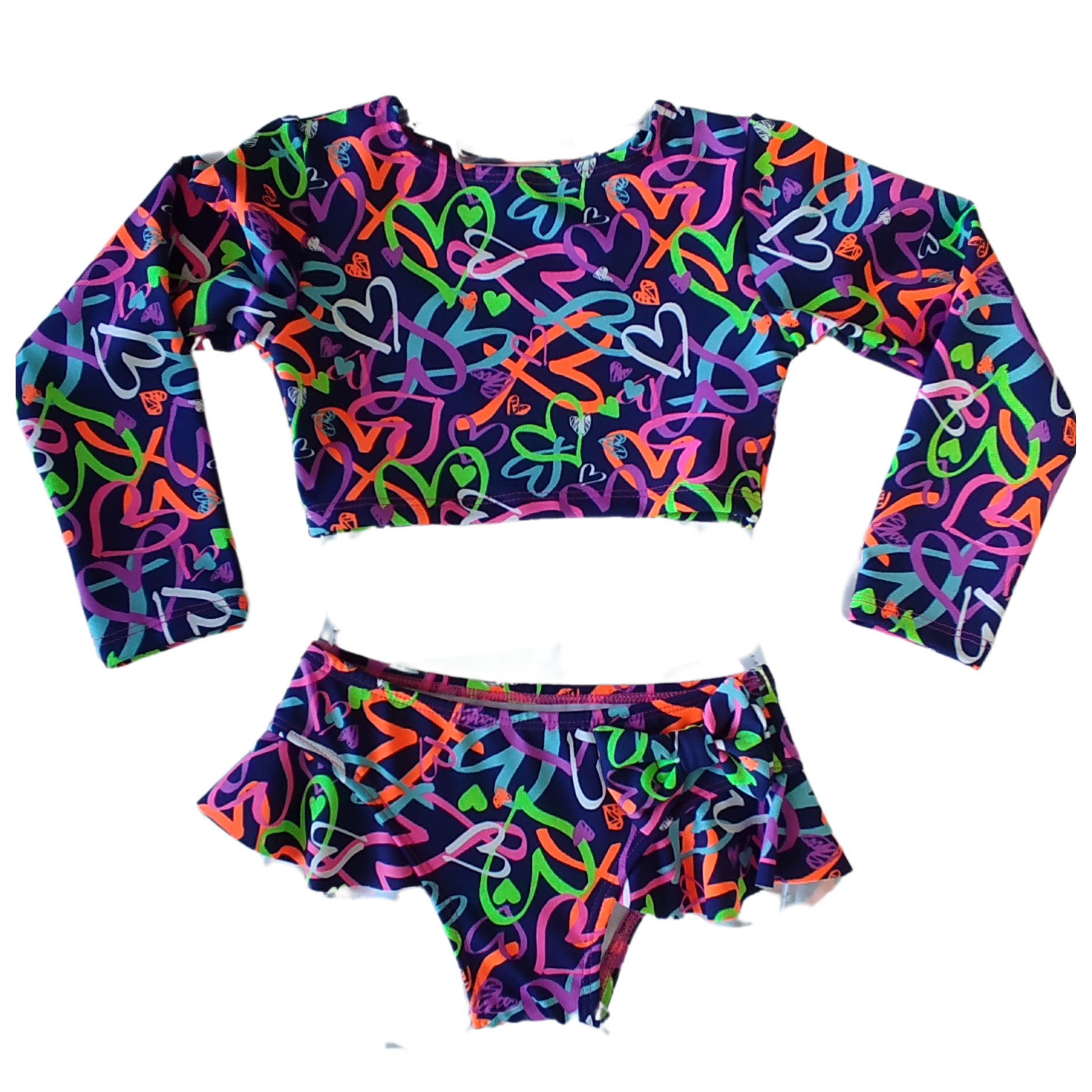 Biquini Infantil Cropped com Manga Longa e Proteção Solar UV - Estampa de Corações Neon